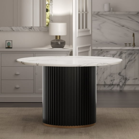 Luxury Faux Marble Top Column Base Dining Table Round Metal Frame in White for Kitchen Seats of 4