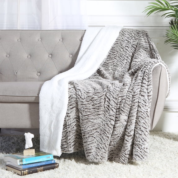 Luxury Faux Micro Fur Wave Design Ultra Plush and Super Soft Sherpa Fleece Decorative Throw Blanket, Grey 51” x 60”
