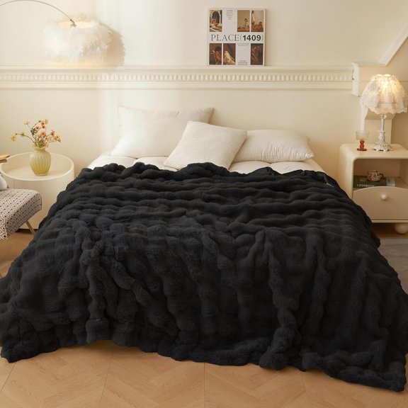 Luxury Faux Rabbit Fur Queen Size Blanket for Bed, Soft Cozy and Plush Big Bubble Rabbit Fluff Blanket for Couch Bed Sofa, Fuzzy Throw Aesthetic Home Decor for Women Girls, 90x90, Black