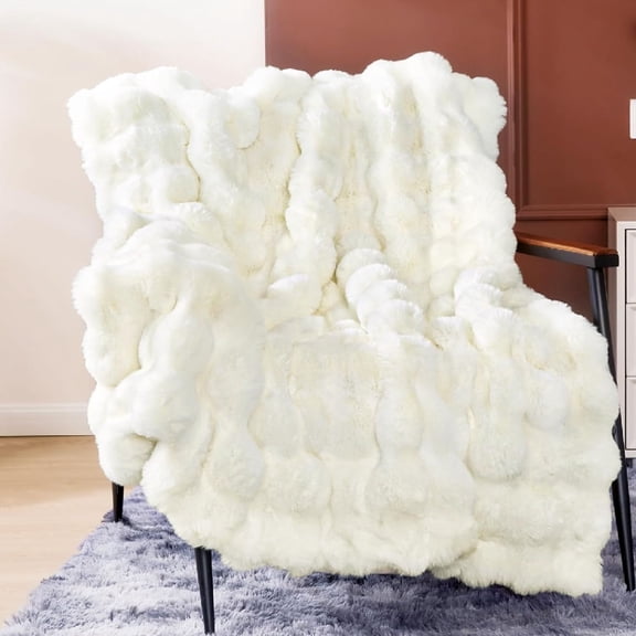 Luxury  Faux Rabbit Fur Throw Blanket, Super Heavy Warm Cozy Beige Cream Blankets for Couch Bed Sofa, Bubble Plush Fuzzy Elegant Soft Reversible Mink Blanket for Living Room Bedroom
