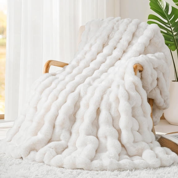 Luxury Faux Rabbit Fur Throw Blanket, Super Heavy Warm Cozy Beige Cream Blankets for Couch Bed Sofa, Bubble Plush Fuzzy Elegant Soft Reversible Mink Blanket for Living Room Bedroom