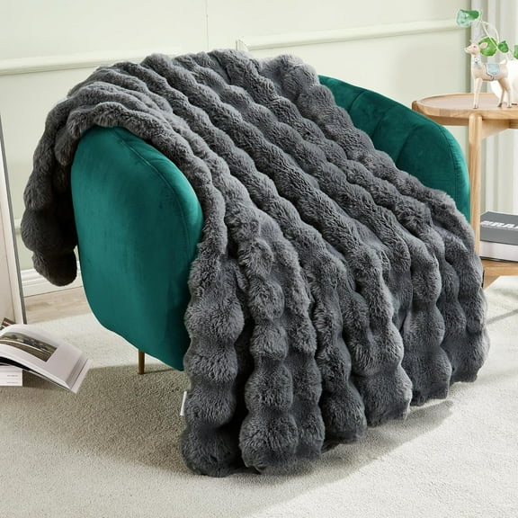 Luxury Faux Rabbit Fur Throw Blanket, Ultra Soft Fluffy Plush Cozy Warm Bubble Blanket for Bed, Couch, Sofa Decorative, Thick Reversible Suitable for Fall & Winter, 50" x 60", Tie Dye Charcoal