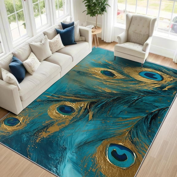Luxury Feather Area Rugs, Teal Peacock Feather Carpet, Washable Non Slip Low Pile Soft Rug for Living Room Bedroom Decor Mat 2x3ft