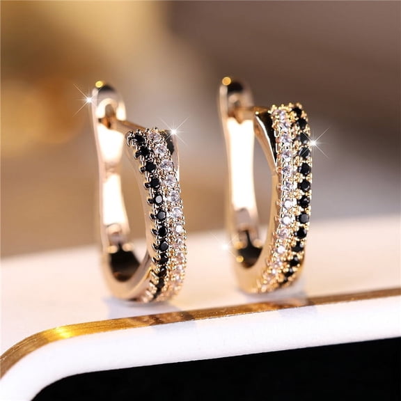 New Luxury Female Black White Zircon Stone Clip Earrings Charm Gold Color Wedding Jewelry for Women