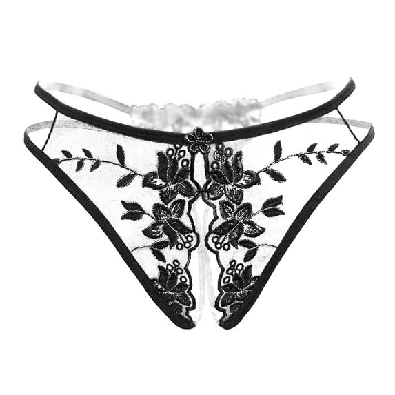 Luxury Fine Embroidery Lace Open Crotch Sheer Hollow Romantic Night Briefs Lingerie for Women Black One Size