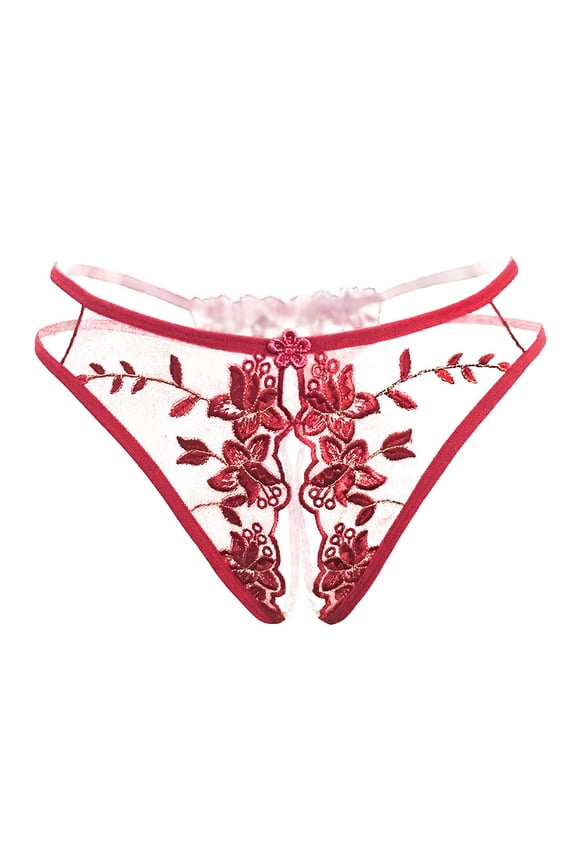 Luxury Fine Embroidery Lace Open Crotch Sheer Hollow Romantic Night Briefs Lingerie for Women Red One Size