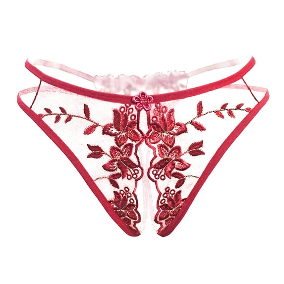 Luxury Fine Embroidery Lace Open Crotch Sheer Hollow Romantic Night Briefs Lingerie for Women Red One Size