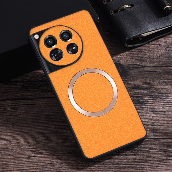 Luxury Fine Woven Fabric Case For OnePlus 12 Compatible with MagSafe Charging, Ultra Slim Elegant Soft Touch Protective Phone Cover with Raised Camera Protection, Orange