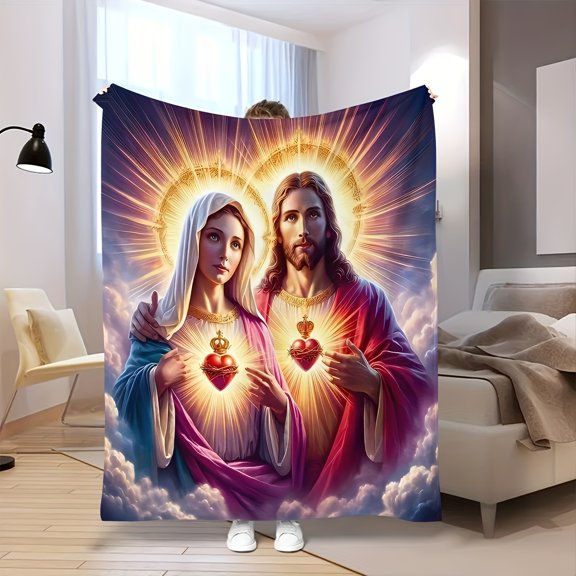 Luxury Flannel Blanket with Jesus and Virgin Mary Sacred Heart Design – Soft All-Season Comfort for Home Office or Camping Machine Washable Modern Religious Artwork 250-300g/sq.m