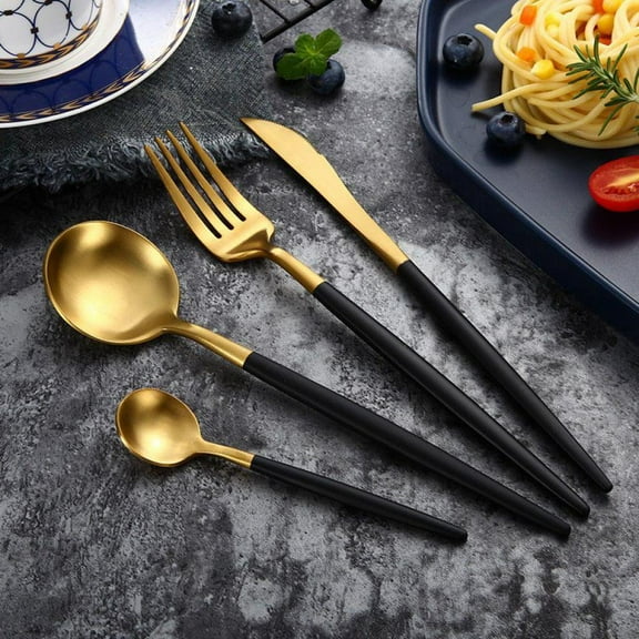 Luxury Flatware, Royal 4 Piece Matte Black Handle 18/10 Stainless Steel Tableware Sets for 4 Including Forks Spoons Knives, Camping Silverware Travel Utensils Set Cutlery (Black Gold)