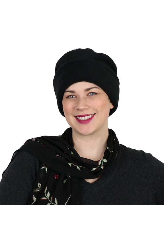 Luxury Fleece Pillbox Hat for Women Chemo Hat (Black)