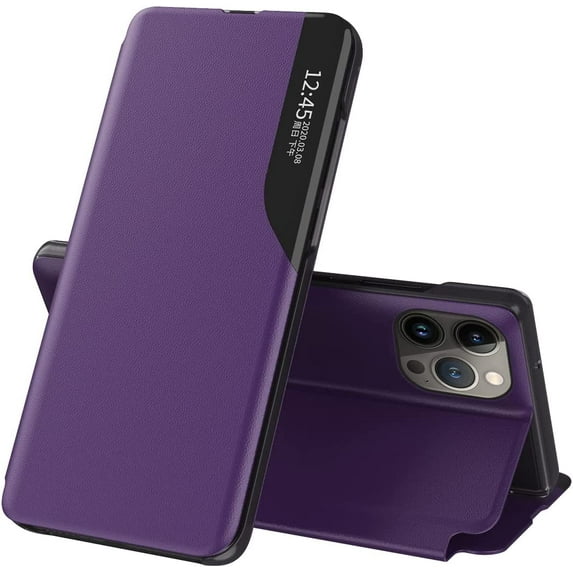 Luxury Flip Case for Apple iPhone 13 Pro, Premium PU Leather Smart Sleep/Wake Up Function Smart View Window Business Phone Case for Apple iPhone 13 Pro (Not 13) Purple