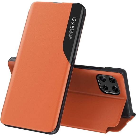Luxury Flip Case for Samsung Galaxy A22 5G (Not 4g), Premium PU Leather Smart Sleep/Wake Up Function Smart View Window Business Phone Case for Samsung Galaxy A22 5G Orange