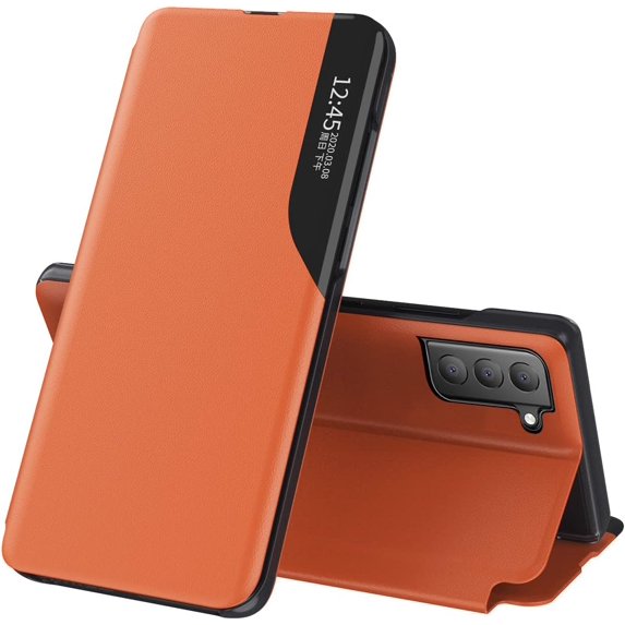 Luxury Flip Case for Samsung Galaxy S22 5G, Premium PU Leather Smart Sleep/Wake Up Function Smart View Window Business Phone Case for Samsung Galaxy S22 5G BX Orange