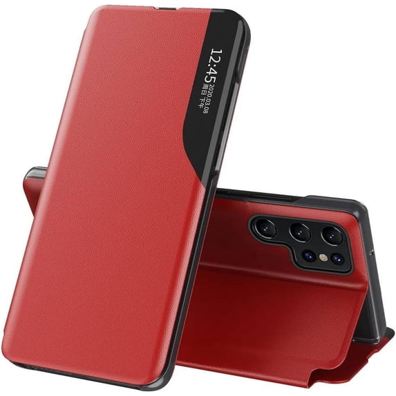 Luxury Flip Case for Samsung Galaxy S22 Ultra (Not S22), Premium PU Leather Smart Sleep/Wake Up Function Smart View Window Business Phone Case for Samsung Galaxy S22 Ultra BX Red