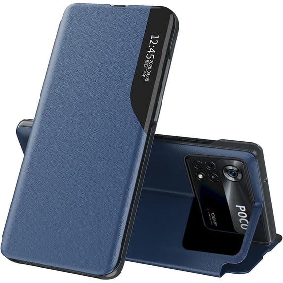 Luxury Flip Case for Xiaomi Poco X4 Pro 5G (Not 4G), Premium PU Leather Smart Sleep/Wake Up Function Smart View Window Business Phone Case for Xiaomi Poco X4 Pro 5G BX Blue
