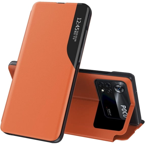 Luxury Flip Case for Xiaomi Poco X4 Pro 5G (Not 4G), Premium PU Leather Smart Sleep/Wake Up Function Smart View Window Business Phone Case for Xiaomi Poco X4 Pro 5G BX Orange