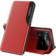 Luxury Flip Case for Xiaomi Poco X4 Pro 5G Not 4G, Premium PU Leather Smart Sleep/Wake Up Function Smart View Window Business Phone Case for Xiaomi Poco X4 Pro 5G BX Red