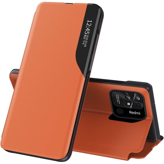 Luxury Flip Case for Xiaomi Redmi 10C, Premium PU Leather Smart Sleep/Wake Up Function Smart View Window Business Phone Cover for Xiaomi Redmi 10C BX Orange