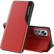 Luxury Flip Case for Xiaomi 12 Pro, Premium PU Leather Smart Sleep/Wake Up Function Smart View Window Business Phone Case for Xiaomi 12 Pro BX Red