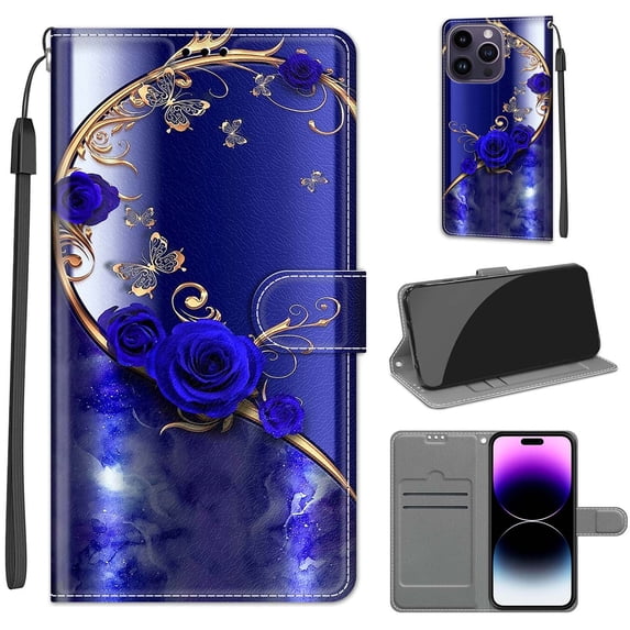 Luxury Flip Wallet Case for iPhone 14 Pro, with Kickstand Credit Card Holder Slot Cute Pattern Magnetic Clasp Premium PU Leather Protective Case with Wrist Strap - Blue Rose + Golden Butterfly