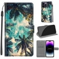 thumbnail image 1 of Luxury Flip Wallet Case for iPhone 14 Pro, with Kickstand Credit Card Holder Slot Cute Pattern Magnetic Clasp Premium PU Leather Protective Case with Wrist Strap - Coconut Tree, 1 of 10