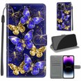 thumbnail image 1 of Luxury Flip Wallet Case for iPhone 14 Pro, with Kickstand Credit Card Holder Slot Cute Pattern Magnetic Clasp Premium PU Leather Protective Case with Wrist Strap - Golden Blue Butterfly, 1 of 10