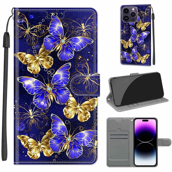 Luxury Flip Wallet Case for iPhone 14 Pro, with Kickstand Credit Card Holder Slot Cute Pattern Magnetic Clasp Premium PU Leather Protective Case with Wrist Strap - Golden Blue Butterfly