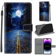 thumbnail image 1 of Luxury Flip Wallet Case for iPhone 14 Pro, with Kickstand Credit Card Holder Slot Cute Pattern Magnetic Clasp Premium PU Leather Protective Case with Wrist Strap - Night Road + Moon, 1 of 10