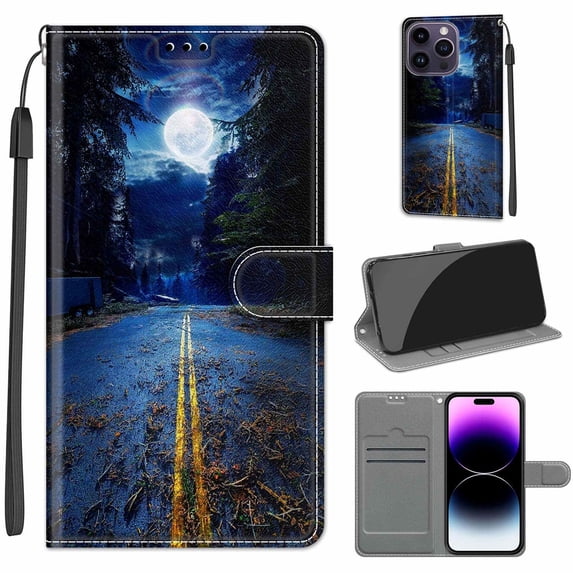 Luxury Flip Wallet Case for iPhone 14 Pro, with Kickstand Credit Card Holder Slot Cute Pattern Magnetic Clasp Premium PU Leather Protective Case with Wrist Strap - Night Road + Moon