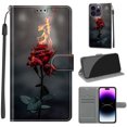 thumbnail image 1 of Luxury Flip Wallet Case for iPhone 14 Pro Max, with Kickstand Credit Card Holder Slot Cute Pattern Magnetic Clasp Premium PU Leather Protective Case with Wrist Strap - Fire Rose, 1 of 10