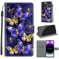 thumbnail image 1 of Luxury Flip Wallet Case for iPhone 14 Pro Max, with Kickstand Credit Card Holder Slot Cute Pattern Magnetic Clasp Premium PU Leather Protective Case with Wrist Strap - Golden Blue Butterfly, 1 of 10