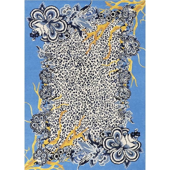 Luxury Floral & Animal Print Area Rug 6×9 ft – Hand Tufted 100% New Zealand Wool Carpet with Leopard Pattern & Blue Floral Border – Designer Indoor Rug for Living Room, Bedroom & Office