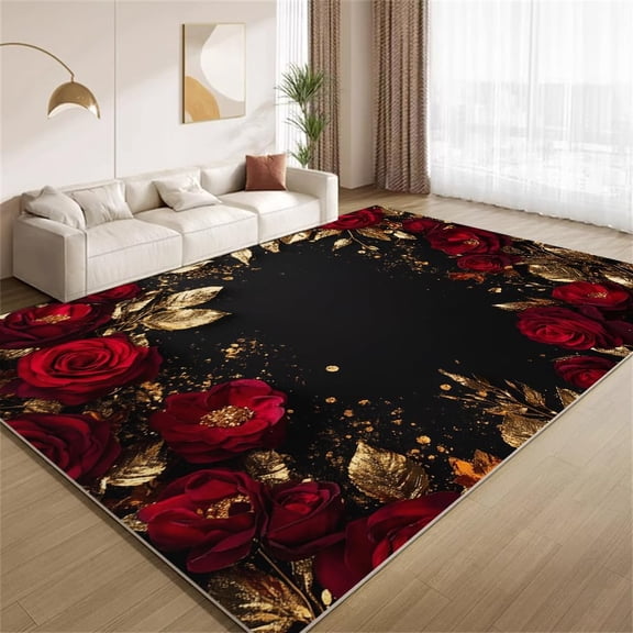 Luxury Floral Area Rugs, Black Gold Red Rose Carpet, Washable Non Slip Low Pile Soft Rug for Living Room Bedroom Decor Mat 2ftx3ft