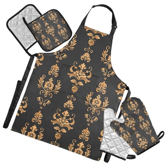 Luxury Floral Damask 5 Pcs Kitchen Set Heat Resistant Oven Mitts and Non-Slip Pot Holders with Adjustable Cooking Apron