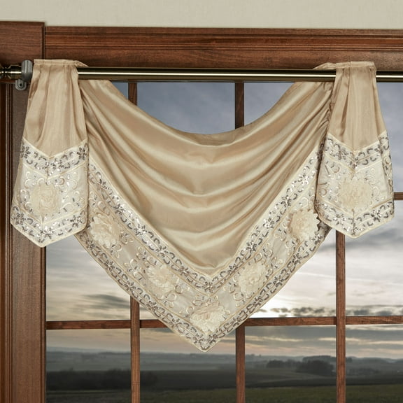 Luxury Floral Sequin Elegante Faux Silk Light Gold Window Valance Toga Swag 24 x 20 Inches