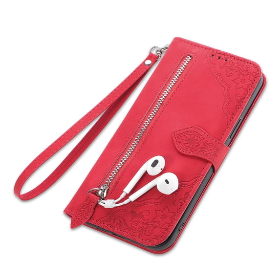Luxury Flower Pattern Embossed PU Leather Case Compatible For Samsung Galaxy S22 Ultra,Shockproof Zipper Card Flip Wallet Stand Case with Wrist Strap Cover.For Samsung Galaxy S22 Ultra,Red