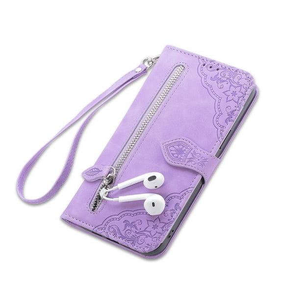 Luxury Flower Pattern Embossed PU Leather Case Compatible For Samsung Galaxy S22 Ultra,Shockproof Zipper Card Flip Wallet Stand Case with Wrist Strap Cover.For Samsung Galaxy S22 Ultra,Purple