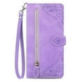 thumbnail image 1 of Luxury Flower Pattern Embossed PU Leather Case Compatible For iPhone 13 with Wrist Strap,Zipper Card Flip Wallet Stand Shockproof Case Cover.For iPhone 13,Purple, 1 of 10
