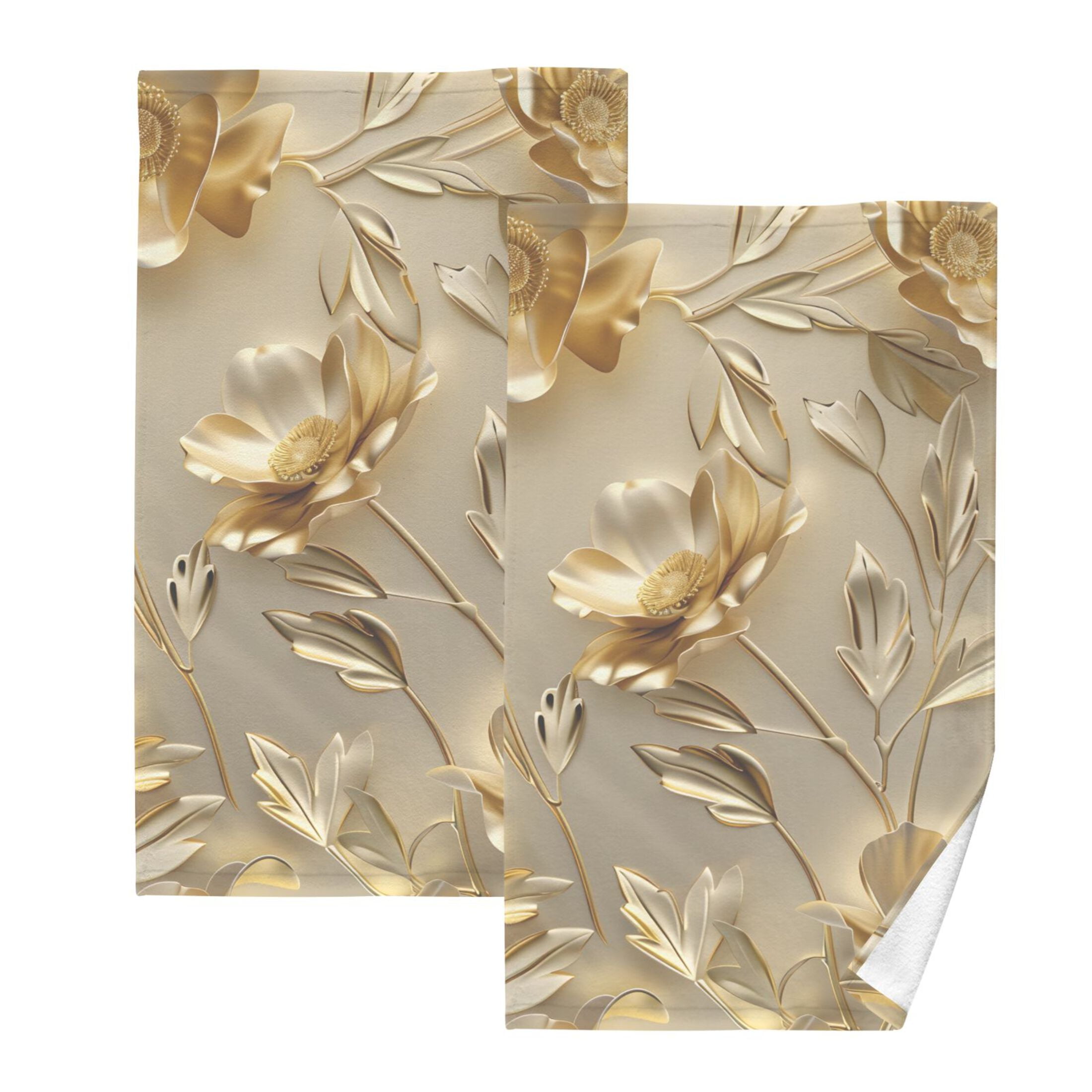 Luxury Flower and Leaf 2 Pcs Hand Towel Set Cotton Absorbent Soft Face Towels Bath Towels for Bathroom Kitchen Shower Hotel Decor 16"x28"