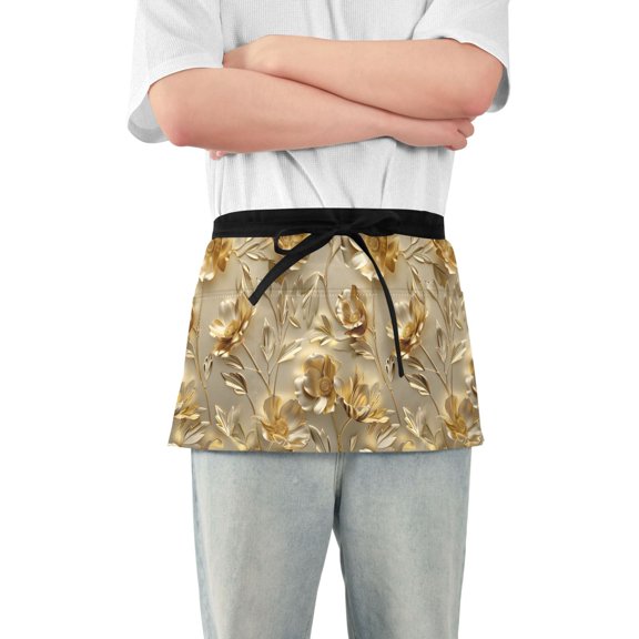 Luxury Flower and Leaf Server Apron with 3 Pockets Waterproof Waitress Waist Short Apron for Man Woman 12 Inches