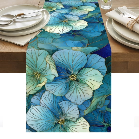Luxury Flowers Cotton Linen Table Runner Gorgeous Teal Blue Floral Natural Dining Table Runners for Home Decor Party Dining Room Restaurant Kitchen Party 13" x 108"