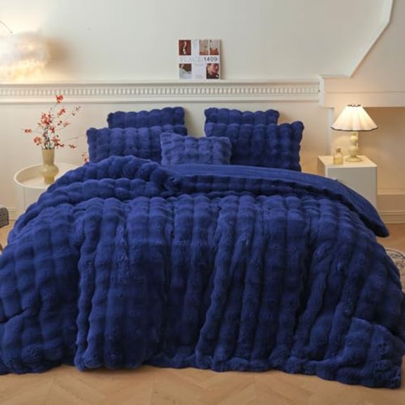 Luxury Fluffy Faux Rabbit Fur Duvet Cover Set Soft Plush Shaggy Bubble Royal Bedding Set Home Decoration 1 Fuzzy Comforter Cover + 2 Furry Pillowcases Zipper Closure Navy Blue Queen Size