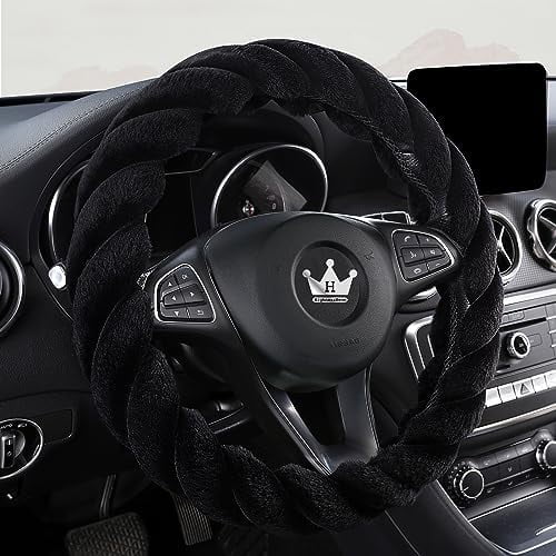 Luxury Fluffy Winter Car Steering Wheel Cover for Women Soft Warm Cute Auto Handle Cover for Jeep, Truck, Van, F150, Fuzzy, Anti Slip, Black, Large Size, 15.2-16in