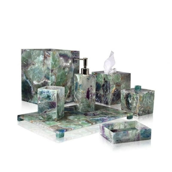 Luxury Fluorite Stone & Agate Bathroom Set  Marble Soap Dispenser, Elegant Accessories, Vanity Decor & Premium Bathroom Essentials