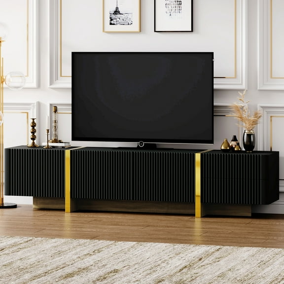 Luxury Fluted Entertainment Center For 80" Tv: Black With Golden Legs Tv Stand 80'' Tvs, Black. Drawers, Cabinets And Wood Grain