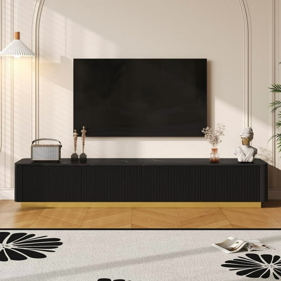 Luxury Fluted TV Stand for TVs Up to 85", Faux Marble Tabletop Media Console with 4 Drawers, Curved Profile Design, Modern Entertainment Center with Gold Base for Living Room, Black