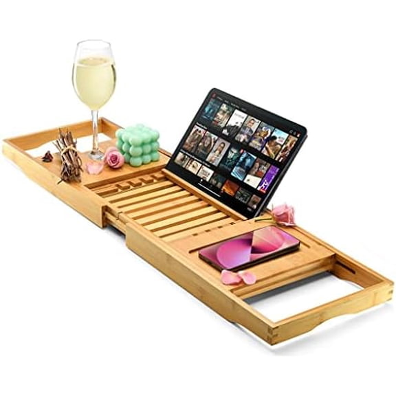 Luxury Foldable Bathtub Tray Caddy - Waterproof Wooden Bath Organizer for Wine, Book, Soap, Phone - Expandable Size Fits Most Tubs$$Home Decor, Kitchen, & Other