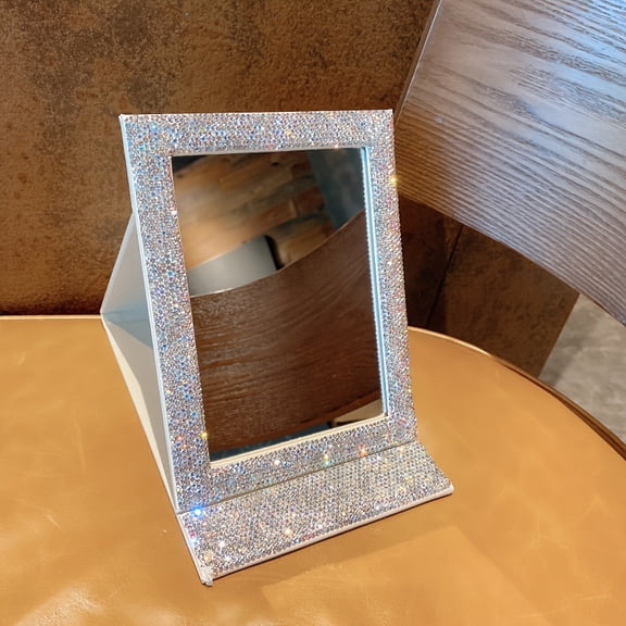 Luxury Folding Mirror with Sparkling -Like Rhinestone Frame - Large Oval Table Mirror for, Portable Desktop Vanity Mirror with Sturdy Foldable Stand, Elegant Dresser & (No Assembly Required)