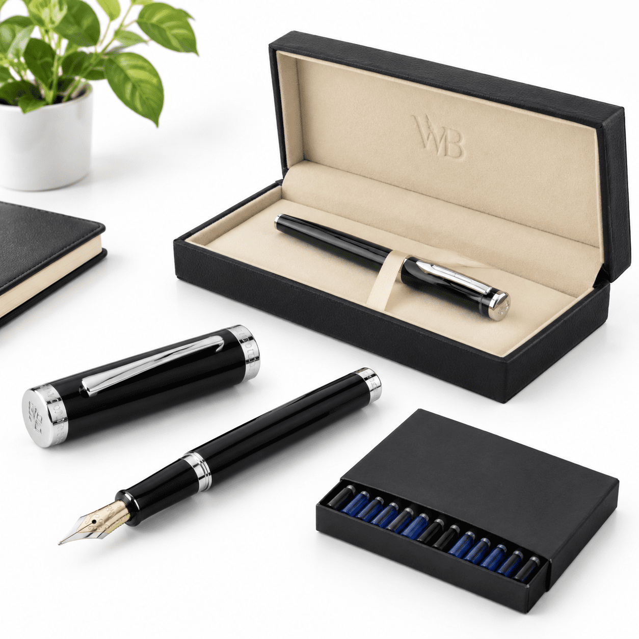 Fine Composing Luxury Fountain Pen, Black Chrome with Fine Nib, Refillable Metallic ...